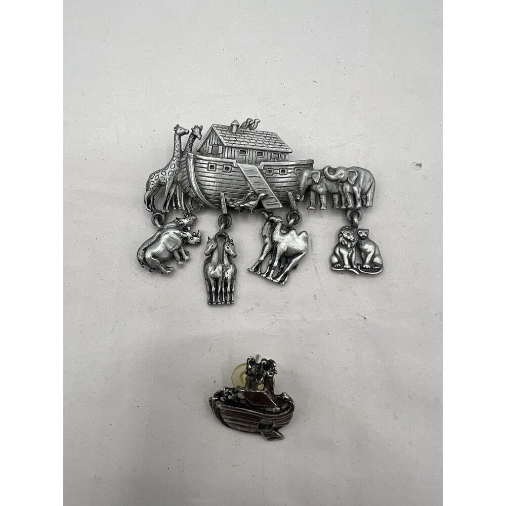 Vintage JJ JONETTE Pewter Noah's Ark Dangling Animal Charms Brooch Lapel Pin 3"